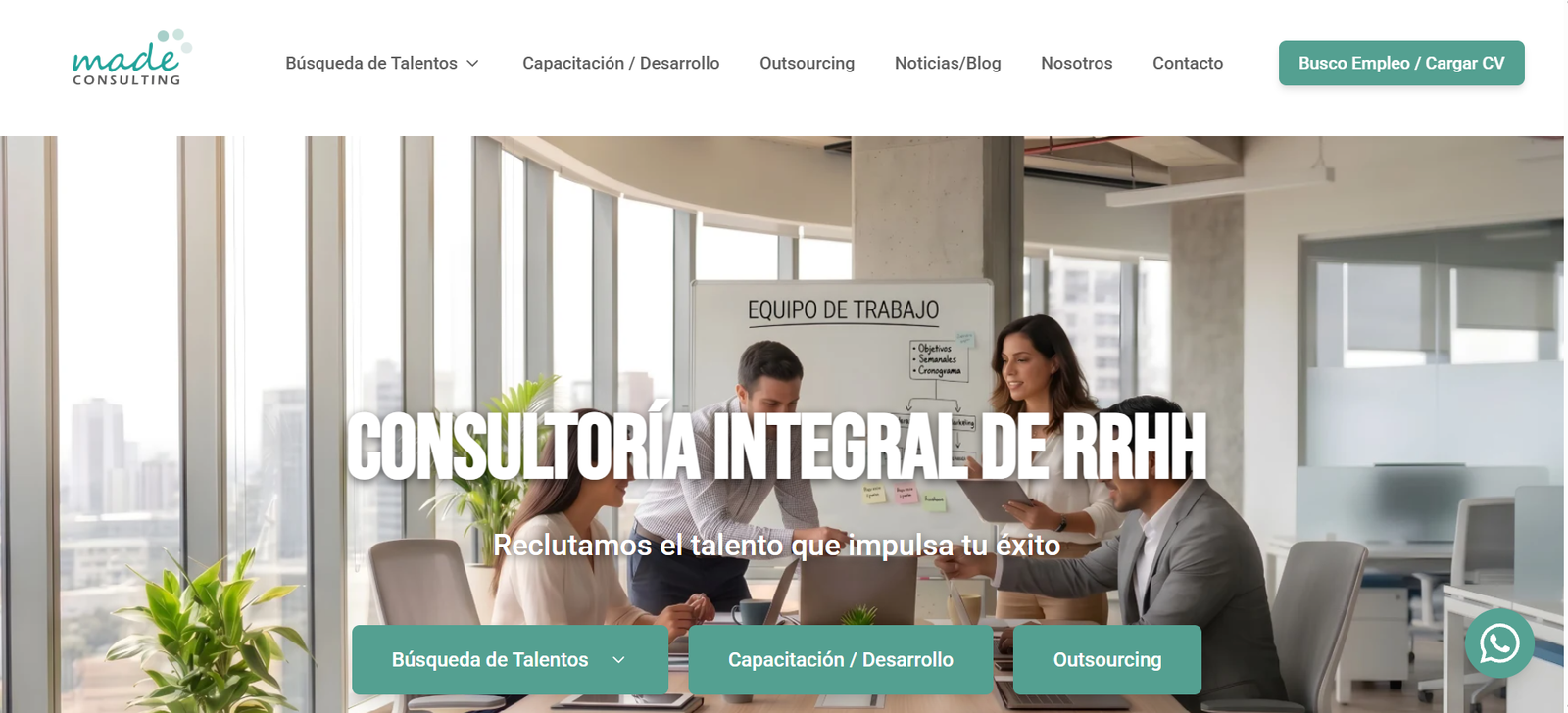 Vista de inicio del sitio de Made Consulting