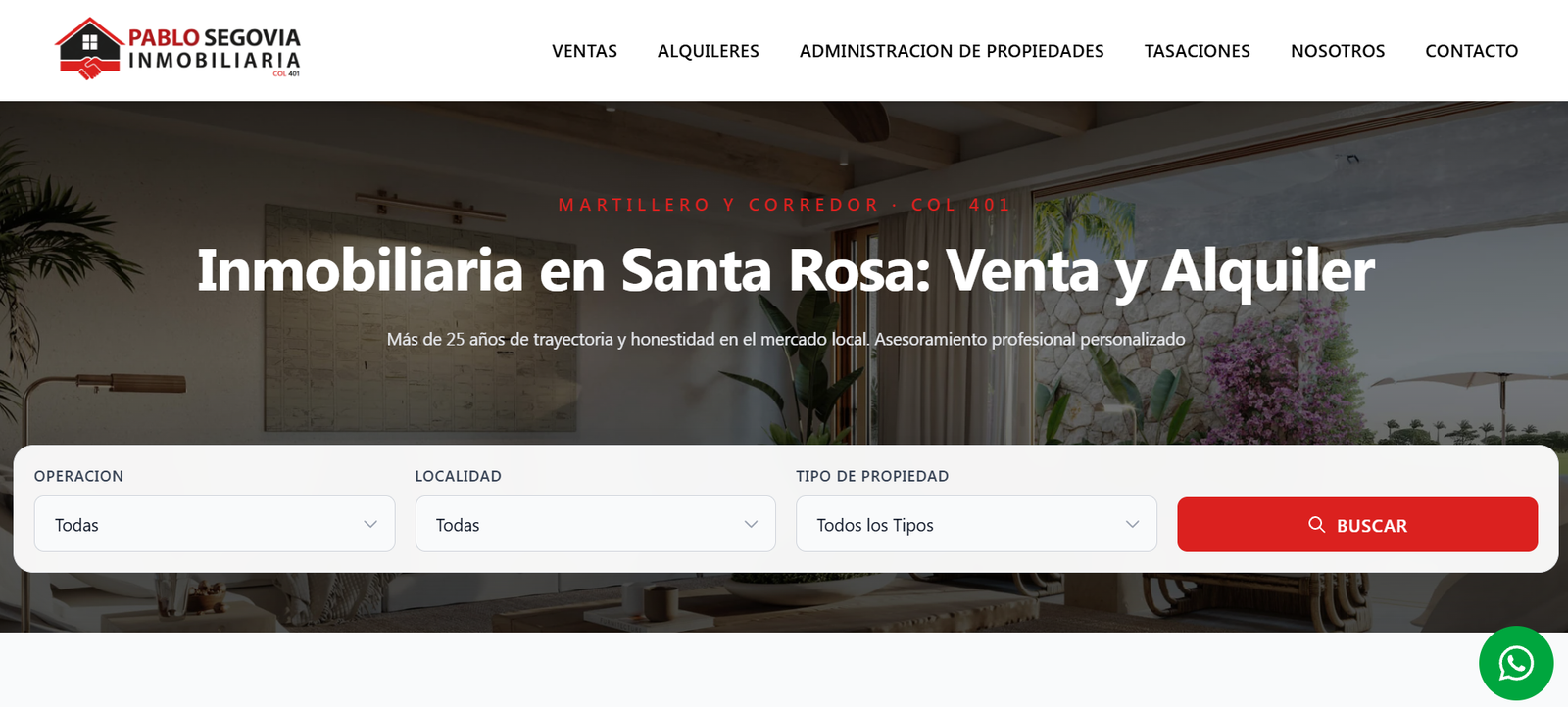Vista de inicio del sitio de Pablo Segovia Inmobiliaria
